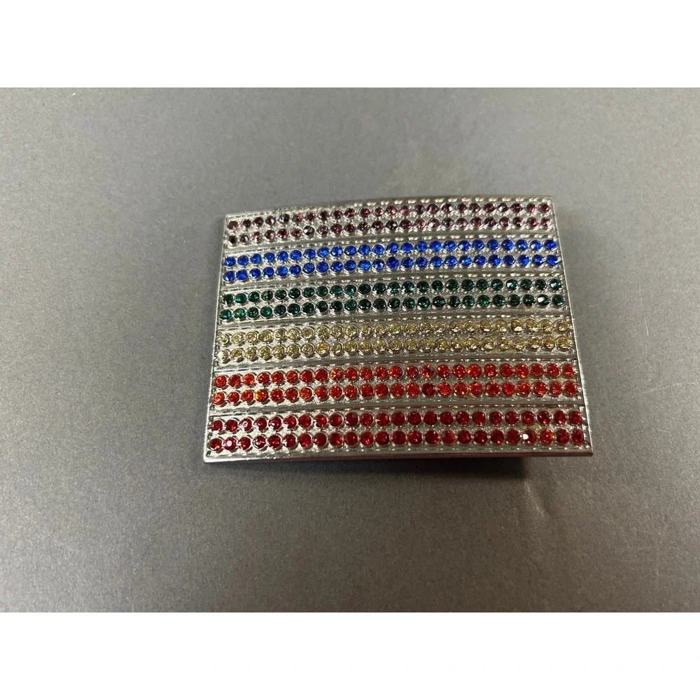 Rainbow Rhinestone Belt Buckle Silver Tone Rectangular Multi Color Crystal Pride